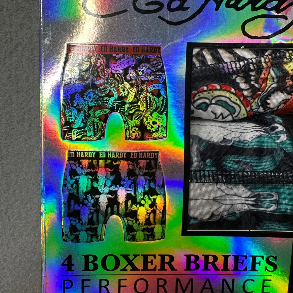 Ed Hardy Boxer Briefs Mens Medium Multi Performance 4 Pack Tattoo Dollar Rose
